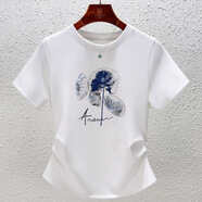 修嫻（soossn）收腰褶皺印花刺繡短袖t恤女2025年夏季新款時(shí)尚顯 白色 M