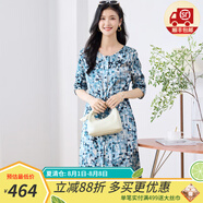 金菊19姆米桑蠶絲彈力緞2025年夏季新款不規(guī)則圖形中長款真絲連衣裙女 藍(lán)格 L