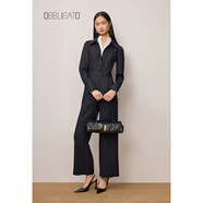 OBBLIGATO奧麗嘉朵2025秋冬新款襯衫領(lǐng)豎條紋氣質(zhì)收腰連體褲 藏藍 S