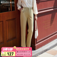 Olrain法式卡其色休閑褲女春裝高腰不規(guī)則開叉小腳褲 卡其色 L