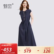 魅斑民族風(fēng)復(fù)古串珠刺繡連衣裙女2025夏季文藝風(fēng)飛飛袖系帶連身裙 藏青色 S