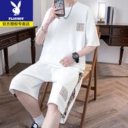 花花公子男士短袖套裝休閑運動一套衣服青少年寬松潮流T恤短褲夏季兩件套 TZ881套裝 白色 L (建議110-125斤)
