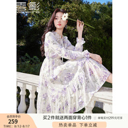 香影雪紡碎花連衣裙女2025秋季新款超好看絕美燙金顯瘦收腰仙女裙 米色 S