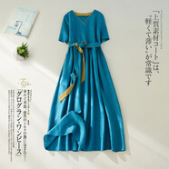 月袖民族風(fēng)棉麻連衣裙春夏新款文藝復古氣質(zhì)修身顯瘦中長(cháng)裙子女裝 藍色 M 【建議90-115斤】