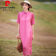 皮爾卡丹（pierre cardin）文藝范兒淑女改良旗袍領(lǐng)刺繡繡花苧麻中長(zhǎng)裙2025夏顯瘦連衣裙女 玫紅色 M