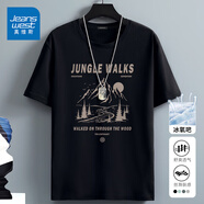 真維斯（Jeanswest）冰絲中袖男2025夏季簡約印花寬松冰感速干短袖T恤男士大碼上衣服 黑色(礁海垂釣) 3XL (體重180-205斤)