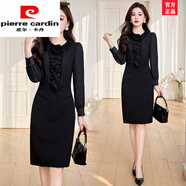 皮爾卡丹（pierre cardin）花瓣領(lǐng)口假兩件長袖連衣裙女2025春秋季新款女士顯瘦中長款包臀裙 黑色  M