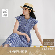茵曼立領(lǐng)格子2025夏季女裝新可調(diào)腰帶大擺長裙藍(lán)白格色-W18525792 XL
