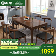 錦巢實(shí)木餐桌椅組合北歐日式小戶(hù)型飯桌橡膠木長(cháng)方形吃飯桌子YF-2310 胡桃色（牛角椅） 一桌6椅 (1.5米)
