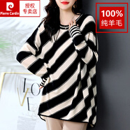 皮爾卡丹（pierre cardin）黑白條紋針織連衣裙女胖mm秋冬大碼打底100%純羊毛衫慵懶風毛衣裙 黑白條 L (105-115斤)