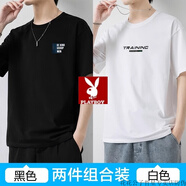 花花公子（PLAYBOY）夏季新款純棉短袖t恤男士圓領(lǐng)半袖體恤休閑透氣寬松上衣 BE黑色+TR白色 【純棉兩件裝】- S 85-105斤