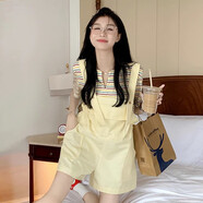 蕉京胖妹妹背帶短褲女2025新款夏季黃色夏大碼胖設(shè)計(jì)感小眾闊腿減齡  黃色背帶褲 L [110-120斤]