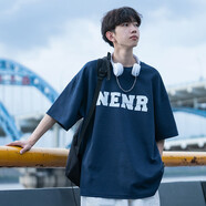 佘曼萊重磅純棉短袖T恤男夏季港風(fēng)寬松男士半袖上衣打底衫ins學(xué)生男裝潮 藏青色 XL