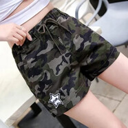 苜戈迷彩短褲女新款夏褲休閑寬松學(xué)生直筒褲顯瘦中高腰彈力棉短熱褲 迷彩色五角星 S 100斤以下