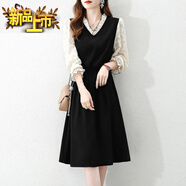 初徑2025春季新款時(shí)尚V領(lǐng)小香風(fēng)長(cháng)袖連衣裙拼接寬松氣質(zhì)收腰小黑裙女 長(cháng)袖 S 85-100斤