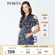 PORTS寶姿商場同款新品女裝優(yōu)雅紅花藍屋露肩連衣裙LN8D131HPT037 丈青印花 M (6)