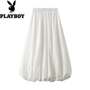 花花公子（PLAYBOY）老錢風(fēng)松緊腰顯瘦燈籠花苞半身裙女夏季2025新款白色長裙中長款蓬 白色[面料][有里布] S [建議80-100斤]
