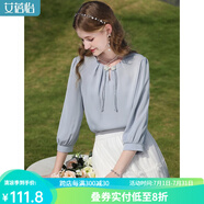 艾蓓怡（I BELIEVE YOU）高檔緞面七分泡泡袖雪紡衫女2025春裝新款顯瘦洋氣小衫漂亮上衣 星藍(lán) 2XL