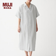 無印良品 MUJI 女式 法國亞麻水洗 五分袖開襟連衣裙 BCL08C0S 銀灰色 M-L
