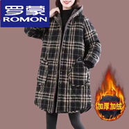 羅蒙（ROMON）2023冬季新款復古棉麻格子中長(cháng)款連帽棉衣女加絨加厚大尺碼保暖棉 黑格【加絨加厚】 4XL 【建議135-145斤】