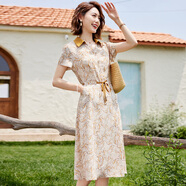 帕絲特夏季印花襯衫裙短袖翻領(lǐng)A字裙系帶收腰顯瘦媽媽裝連衣裙 黃色 3XL