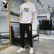 花花公子2025年夏季冰絲短袖套裝男時(shí)尚潮流搭配休閑夏天運動(dòng)褲子男士衣服 MAI白色套裝 M 80-95斤