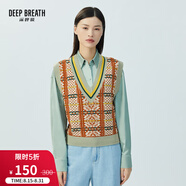 深呼吸DEEP BREATH女裝V領拼色提花寬松羊毛針織衫馬甲背心女A301010 綠橙格紋 S (2碼)