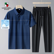 西域駱駝（VANCAMEL）運(yùn)動(dòng)套裝男夏季冰絲POLO衫短袖長(zhǎng)褲中老年裝兩件套 藏青 XL