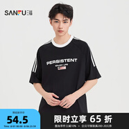 三福2025夏季男士運動風杠條短袖T恤 休閑寬松圓領(lǐng)上衣497849 黑色 L