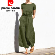 皮爾卡丹（pierre cardin）歐洲站亞麻闊腿連體褲2025大碼女裝新款顯瘦棉麻長款連衣褲潮 軍綠色【短袖款】 S 【115斤內(nèi)】