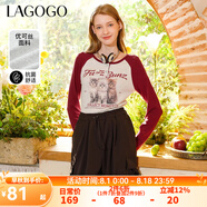 lagogo【抗菌】美式撞色插肩袖T恤女拉谷谷春季新款修身印花上衣 紅灰(HR) M
