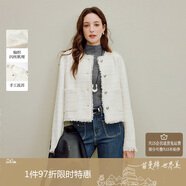 茵曼法式閃絲編織流蘇外套2025秋女裝新款短款粗花呢上衣 珍珠白 XL
