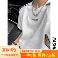 QGF 美式高街墊肩短袖t恤男夏季新款設(shè)計(jì)感重磅結(jié)構(gòu)潮牌痞帥休閑體恤 XZ1005-1-TTH0039灰色 XL 【建議135-150斤】