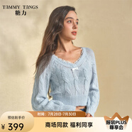 糖力【商場同款】2024冬季新款蕾絲花邊針織衫女套頭短款麻花毛衣 淺藍(lán)色 S