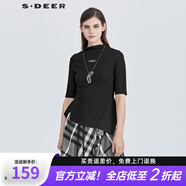 S.DEER夏季圣迪奧女裝個(gè)性半高領(lǐng)字母膠印不規(guī)則短袖T恤S21280111 黑色/91 S 160