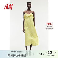 H&M女裝連衣裙秋季V領(lǐng)寬松印花吊帶褶邊度假風(fēng)中長(cháng)連身裙1234153 黃色 170/116 XL