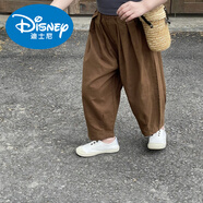 迪士尼（Disney）兒童棉麻褲子夏裝2025新款男女童寬松蘿卜褲薄款九分褲夏季休閑褲 官方品牌焦糖色 110 cm