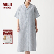 無(wú)印良品 MUJI 女式 法國亞麻水洗 五分袖開(kāi)襟連衣裙 BCL08C0S 米白色X條紋 M-L