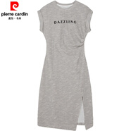 皮爾卡丹（pierre cardin）潮流夏季個(gè)性短袖圓領(lǐng)褶皺開(kāi)叉過(guò)膝連衣裙T恤裙收腰小眾連衣裙女 花灰色 S (建議88斤-98斤 )