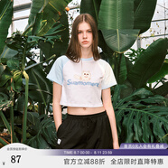 SuaMoment抓痕加菲貓咪短袖T恤休閑運(yùn)動純棉半袖潮流寬松體恤 【短款】藍(lán)白 S