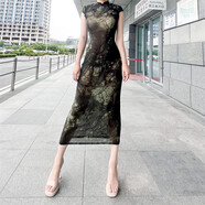 街頭露出女裝包臀長褲透視中國風修身改良旗袍長款緊身連衣裙 墨綠