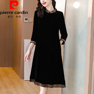 皮爾卡丹（pierre cardin）復古刺繡金絲絨旗袍連衣裙春秋2025新款媽媽大碼氣質(zhì)顯瘦長袖裙子 黑色 XL 【115-130斤】