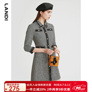 LANDI秋季新款黑白千鳥格小香風長袖連衣裙女高級感裙子 黑色 S