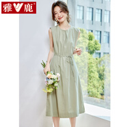 雅鹿2025夏季新款系帶收腰純色背心連衣裙休閑時(shí)尚優(yōu)雅中長(zhǎng)款裙子女裝 灰綠色 L