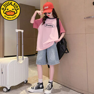 G.DUCK女童夏裝T恤套裝2025新款時髦韓版大童女孩9短袖時髦洋氣牛仔中褲 粉色短袖+牛仔中褲 140 建議身高140以下