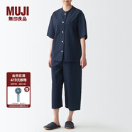 無印良品（MUJI）女式 無側(cè)縫泡泡紗短袖睡衣女士家居服套裝夏季純棉全棉 FDB04C2S 深藏青色 S