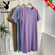 花花公子（PLAYBOY）特大碼300斤胖MM夏季新款棉質(zhì)短袖t恤裙女韓版寬松連衣裙過(guò)膝長(cháng)裙 紫色 XL 建議115-140斤