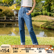 lagogo直筒卷邊牛仔褲女拉谷谷春秋新款高腰顯瘦柔軟百搭休閑長褲 深牛仔藍(N2) XL