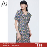 H's泡泡袖碎花連衣裙夏季新款女裝荷葉領(lǐng)V領(lǐng)A字裙減齡簡約風(fēng)印花裙子 粉色花 S