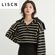 LISCN歐美半拉鏈條紋套頭毛衣女秋冬軟糯寬松慵懶翻領(lǐng)顯瘦針織上衣 黑色 均碼